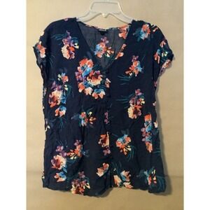 Torrid Vneck floral button up blouse Sz 1X covered buttons Gathered Back Waist